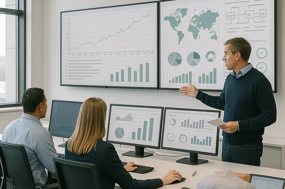 Energieberatung & Fördermittelstrategie Ein Mann präsentiert Datenanalysen vor einem Publikum in einem modernen Büroraum.