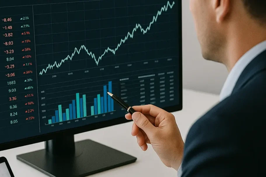 Energieeinkauf Mann analysiert Diagramme und Daten auf einem Bildschirm mit finanziellen Statistiken.