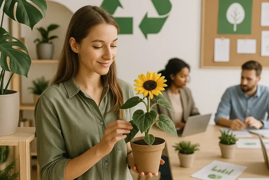 Nachhaltigkeit Eine Frau hält eine Sonnenblume in einem Büro mit grünen Pflanzen und Kollegen.