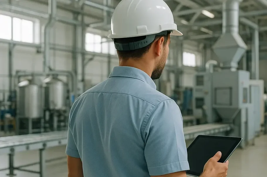 Technische Analyse & Prozessoptimierung Arbeiter in Helm, schaut auf Tablet in einer industriellen Umgebung.