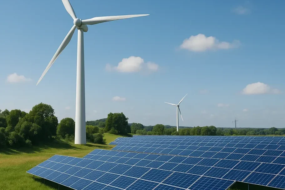 Erneuerbare Energien Windrad und Solarpanels auf einer grünen Wiese unter blauen Himmel.